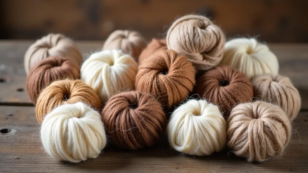 Colorful balls of traditional Latvian wool in natural tones arranged on a rustic wooden surface