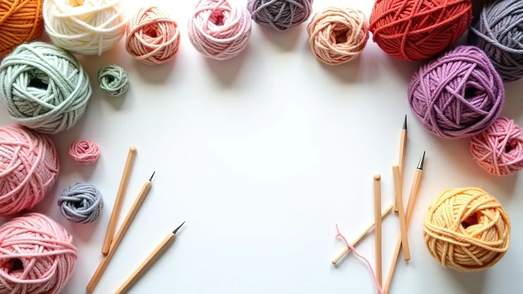 Crochet hooks and colorful yarn skeins arranged on crafting workspace