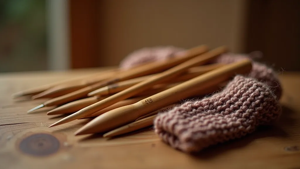 Close-up of various knitting needles in bamboo and metal with different sizes arranged on natural wood surface
