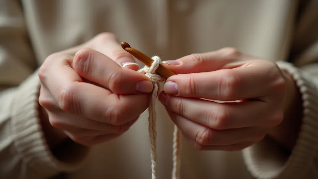 Close-up of beginner crocheter's hands holding wooden crochet hook with yarn loop, showing proper hand position and grip technique