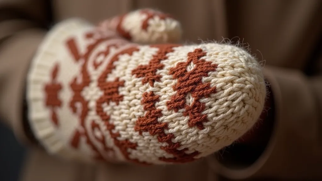 Close-up of detailed Latvian mitten patterns showing star and diamond symbols in natural wool colors