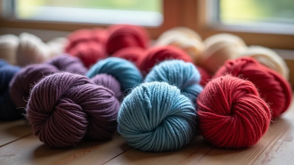 Close-up of colorful yarn skeins in traditional Latvian colors arranged on craft surface