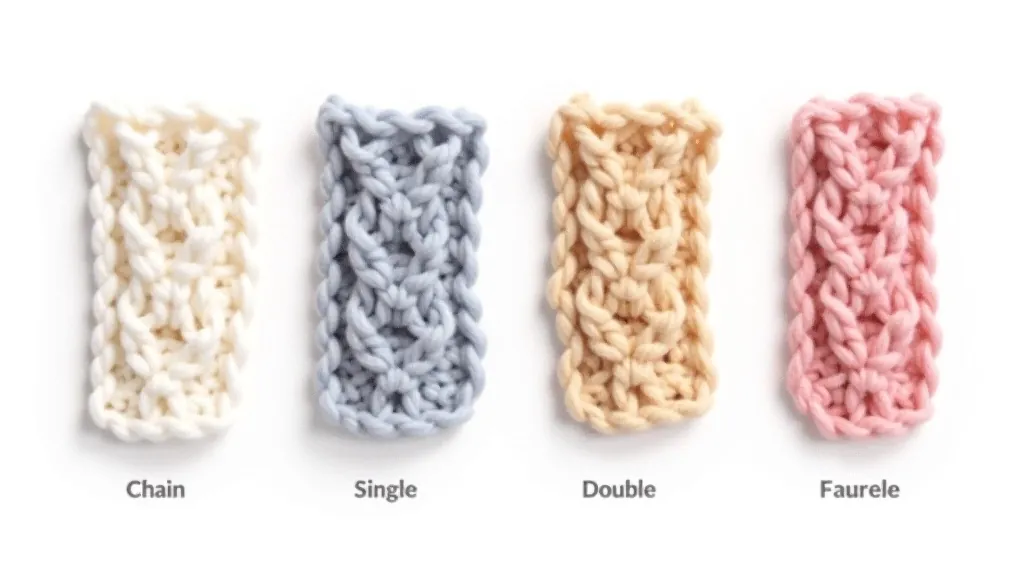 Swatch showing progression of four crochet stitches from tight single crochet to loose double crochet, labeled with stitch names and row numbers