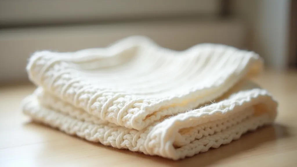 Finished cotton dishcloth in natural cream color with visible stitch texture, neatly folded and photographed on clean kitchen counter