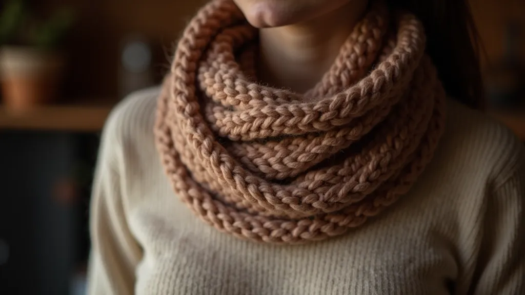 Finished knitted scarf draped over shoulder showing garter stitch texture and natural wool color in warm lighting