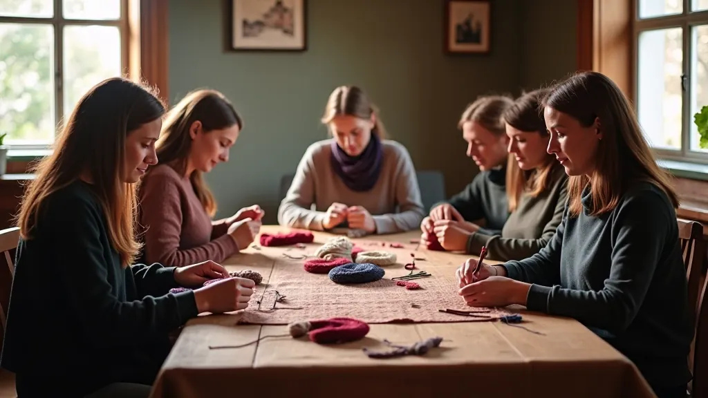 Workshop participants knitting together in a bright, historic room with wooden beams and natural light