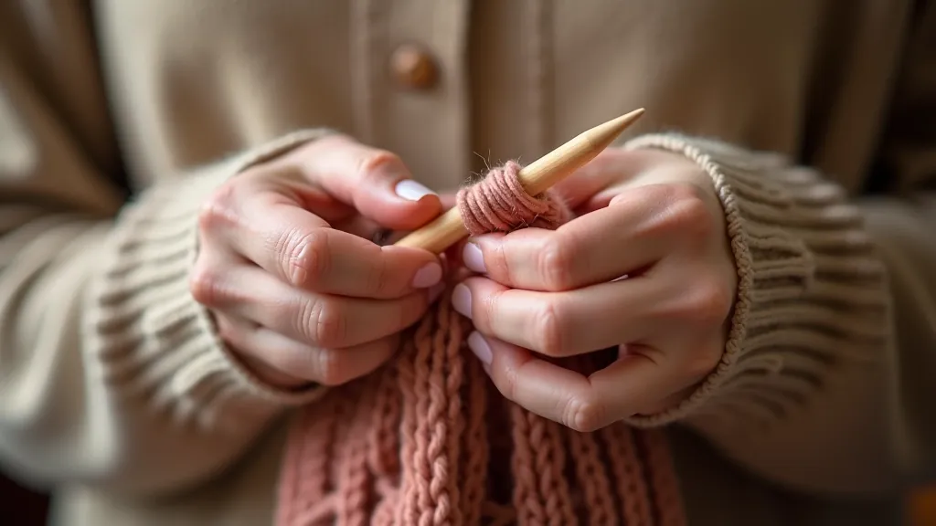 Hands demonstrating the casting on technique with yarn and wooden needles, showing proper finger positioning for beginners