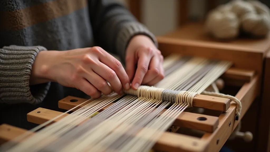 Hands of experienced textile craftsperson demonstrating weaving technique with traditional tools and materials