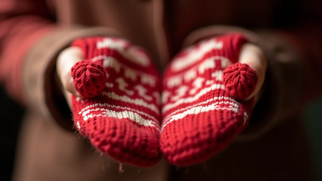 Hands holding traditional Latvian mittens with intricate cimdu raksti patterns in red and white