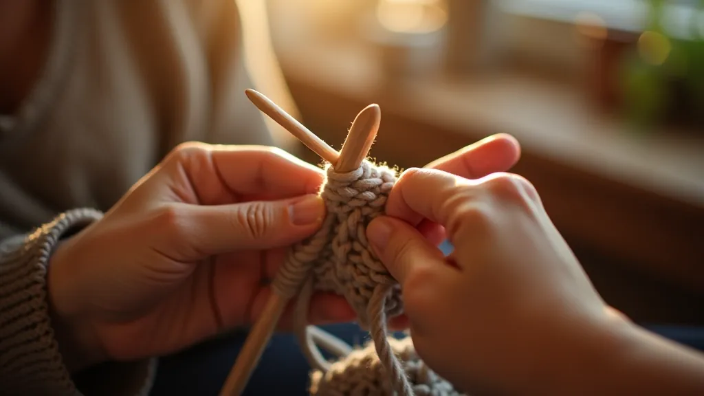 Hands holding knitting needles with partially completed beginner knitting project in progress