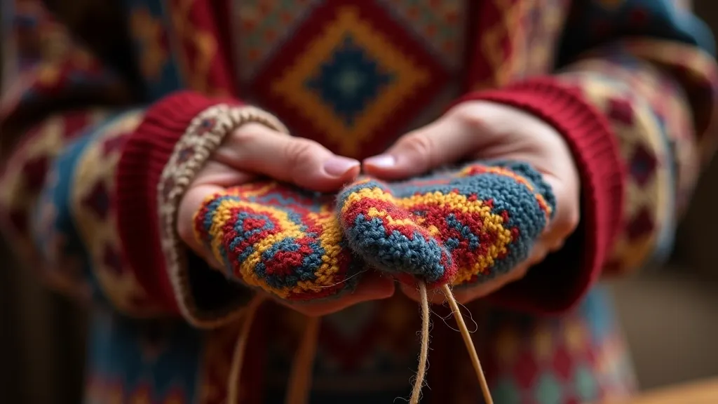 Hands knitting traditional Latvian mittens with intricate cimdu raksti patterns