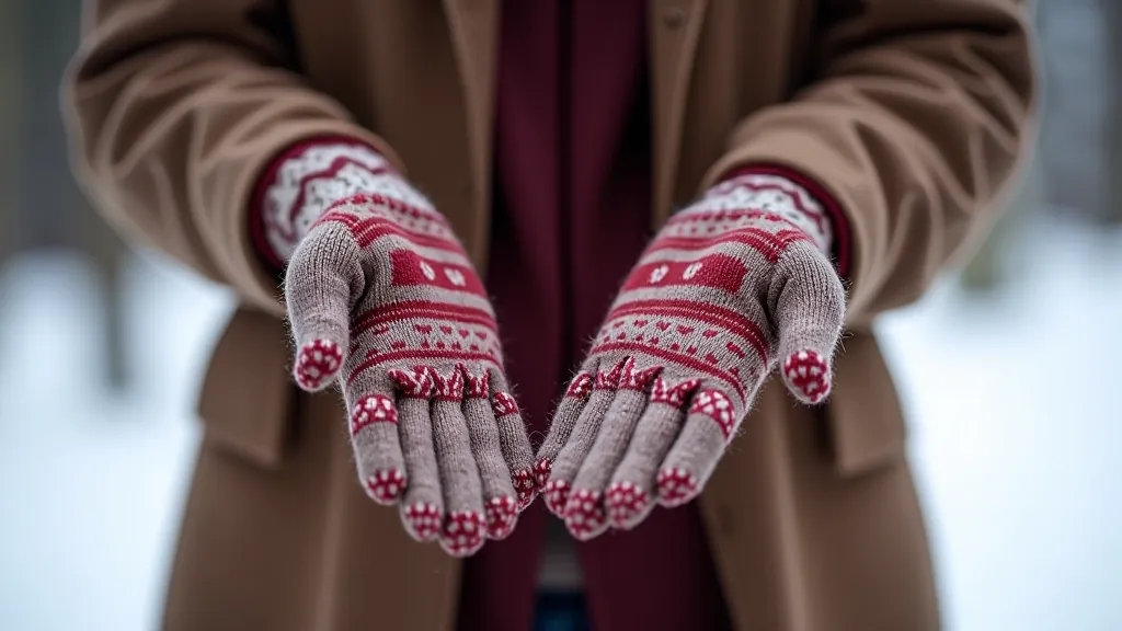 Hands wearing traditional Latvian mittens showing palm and back patterns during winter activities