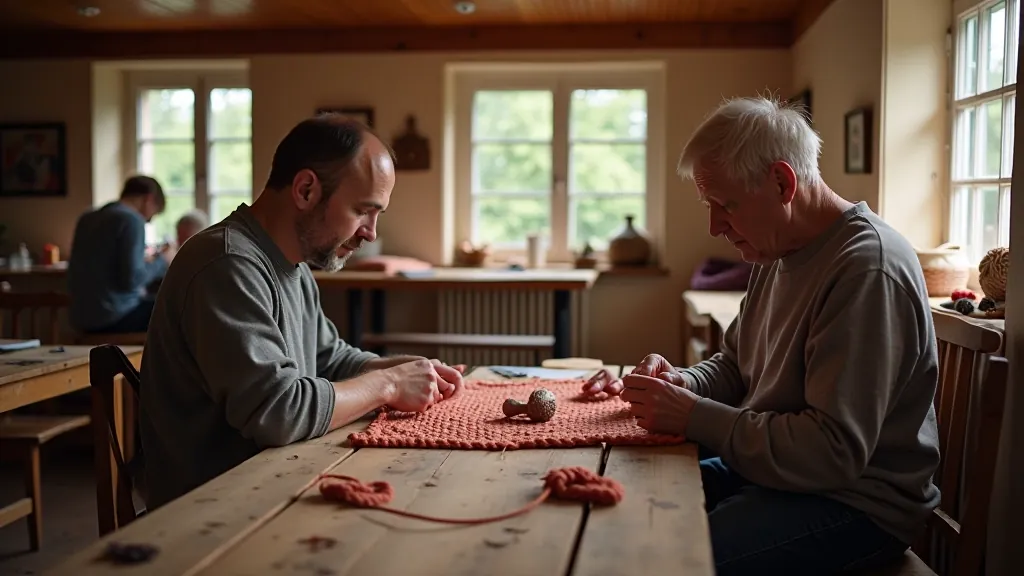 Workshop setting in historic Sigulda building with participants learning textile crafts