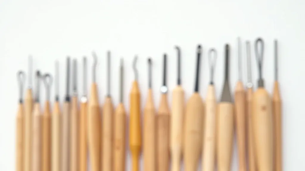 Collection of crochet hooks arranged by size from smallest steel hooks to largest wooden hooks, labeled with size numbers