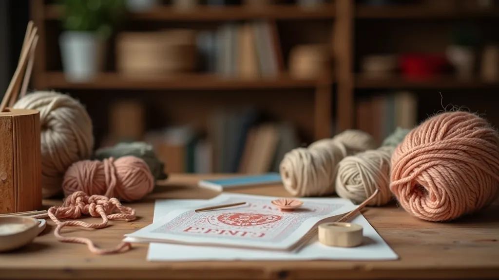 Workspace in traditional textile studio with various knitting needles, yarn in natural colors, and pattern samples displayed on walls