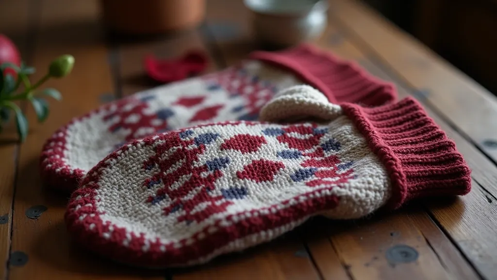 Traditional Latvian mittens displayed with intricate geometric patterns in warm amber and cream tones