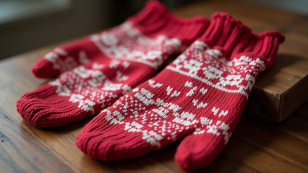 Colorful Latvian mittens with traditional geometric patterns displayed on wooden surface