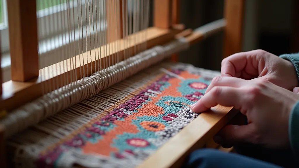 Close-up of traditional Latvian textile pattern with intricate geometric designs in earth tones on a wooden loom