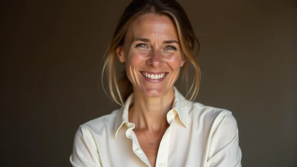 Experienced textile instructor with warm smile, portrait shot from chest up, studio lighting