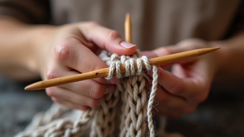 Knitting needles and partially completed knitting project showing beginner stitches in progress